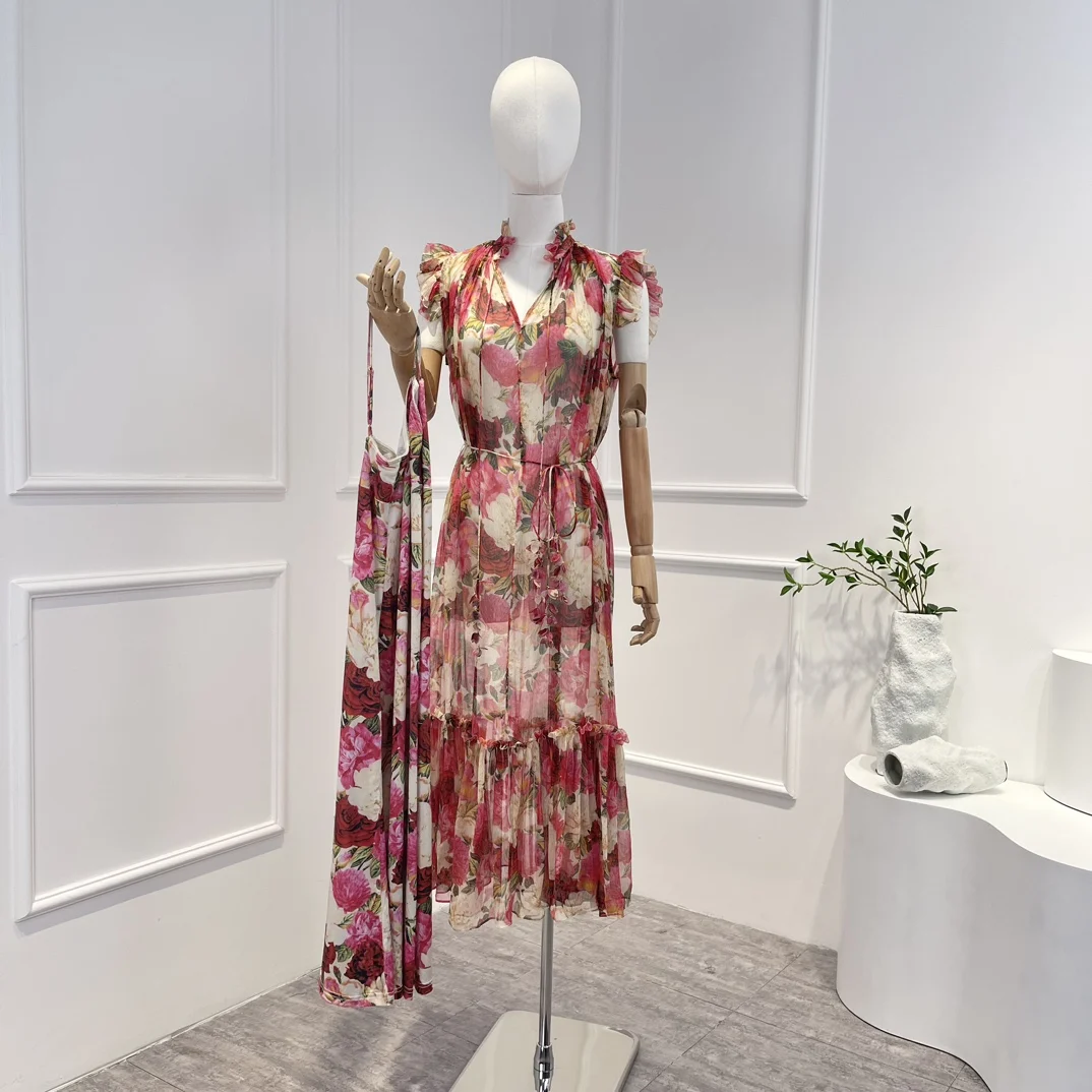

2023 Summer Top Quality Latest Pure Crinkle Silk Red Floral Printing Half Open Collar Midi Length Dresses for Fashion Women