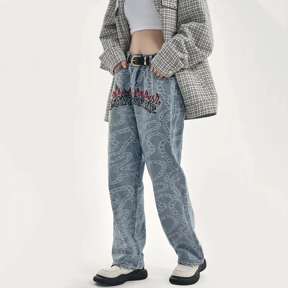 

MAKE A FRIEND Women Jeans European American Hip-hop Streetwear High Waist Straight Trousers Stripe Flame Embroidery Denim Pants