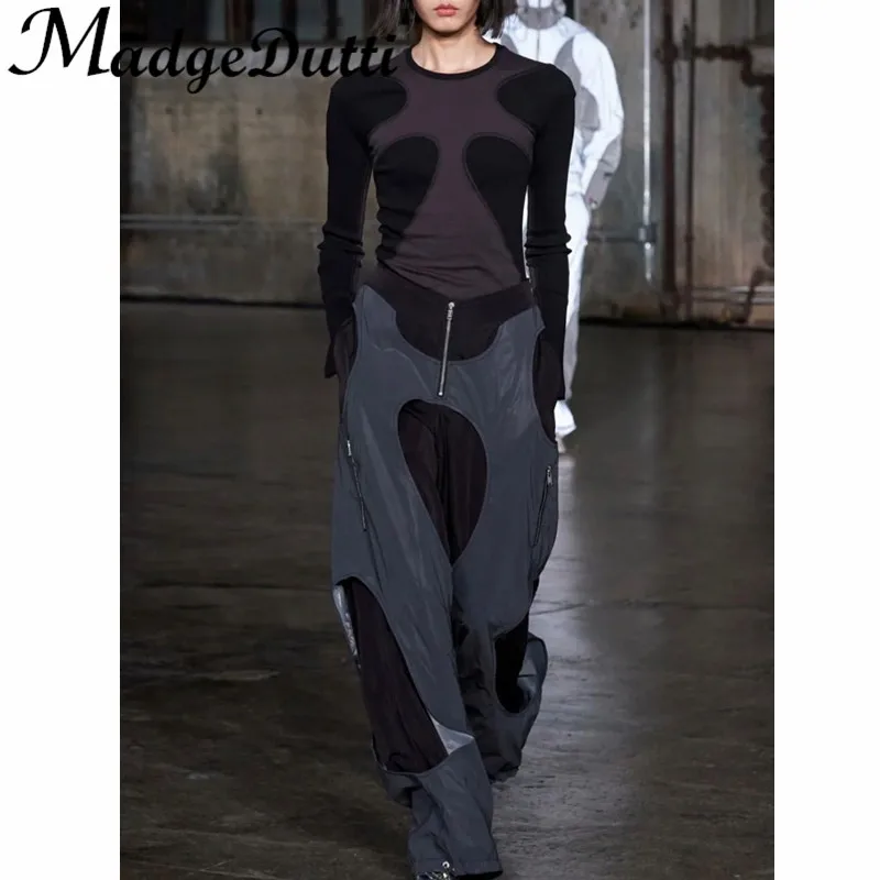 

2,13 модельные Модные женские прямые брюки MadgeDutti с завязками на молнии контрастных цветов