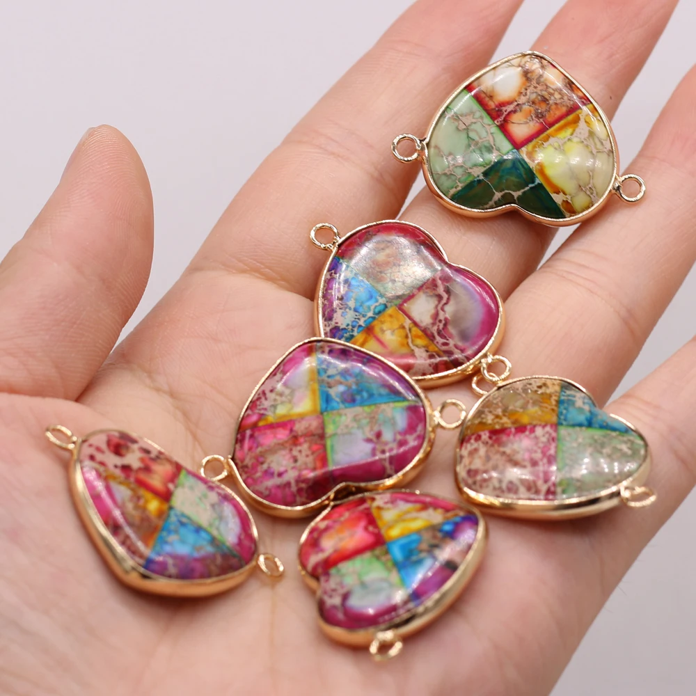 

Natural Stone Emperor Stone Heart Gold-plated Connector Pendant For Jewelry MakingDIY Necklace Accessory Charm Gift Party35x45mm