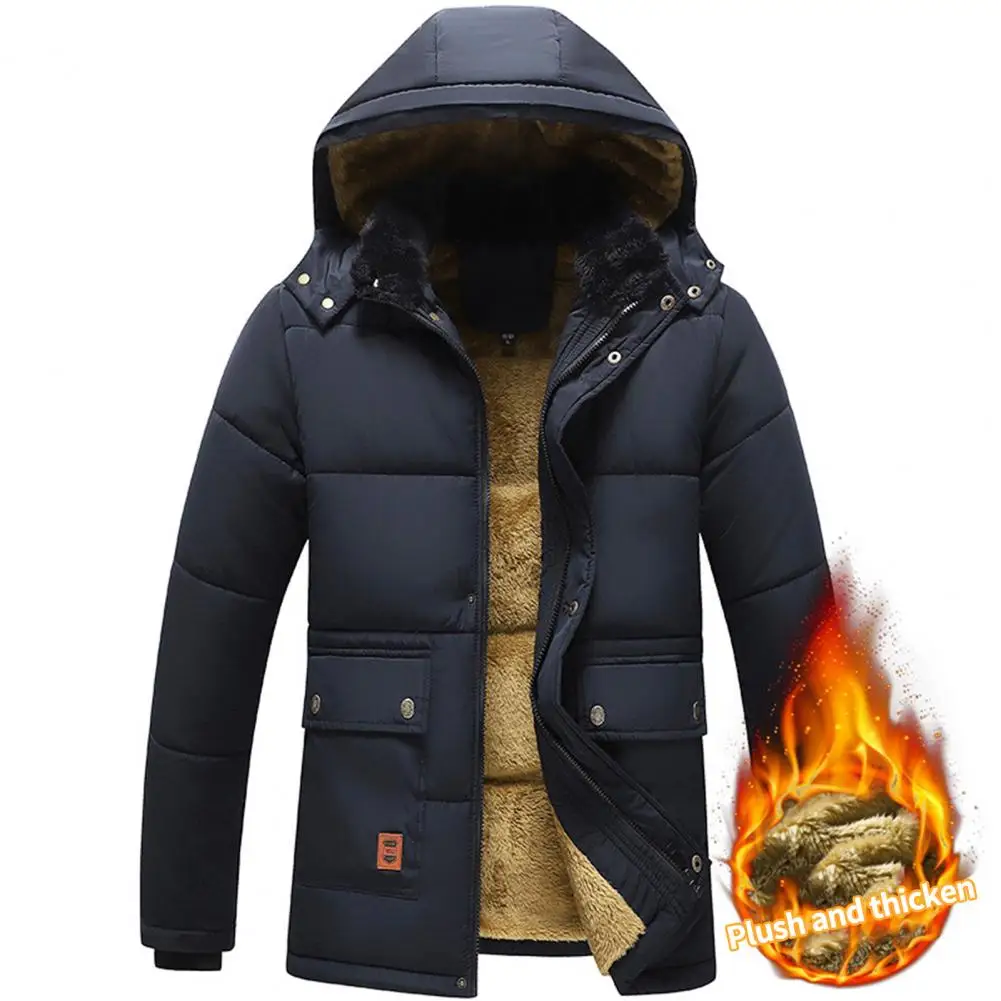 Men Winter Coat Hooded Plush Solid Color Thicken Furry Cold-proof Pockets Plus Size Winter Cotton Coat Male Clothes