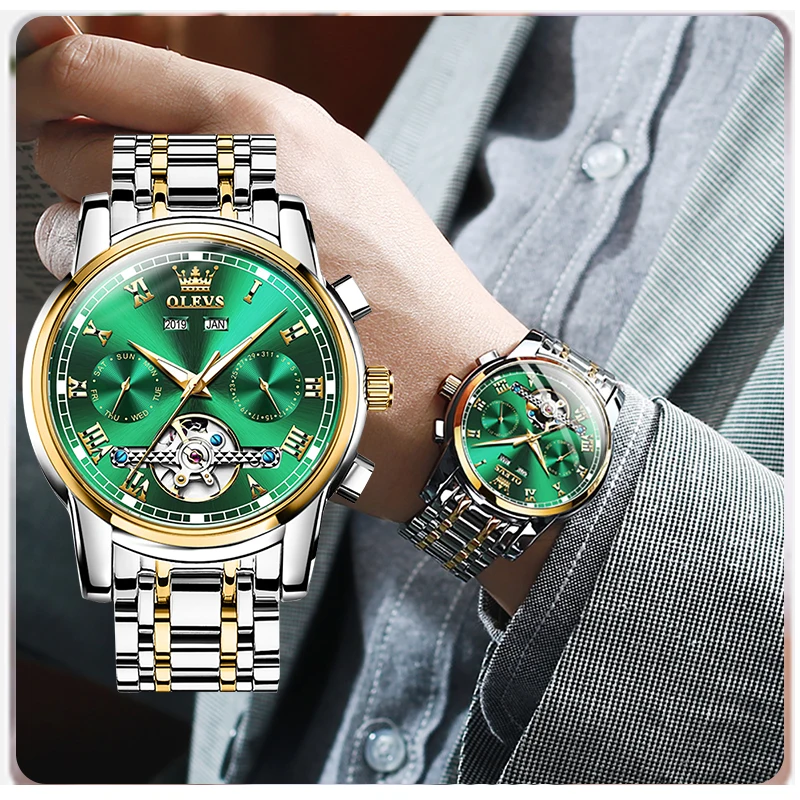Новые роскошные мужские механические наручные часы OLEVS из нержавеющей стали GMT