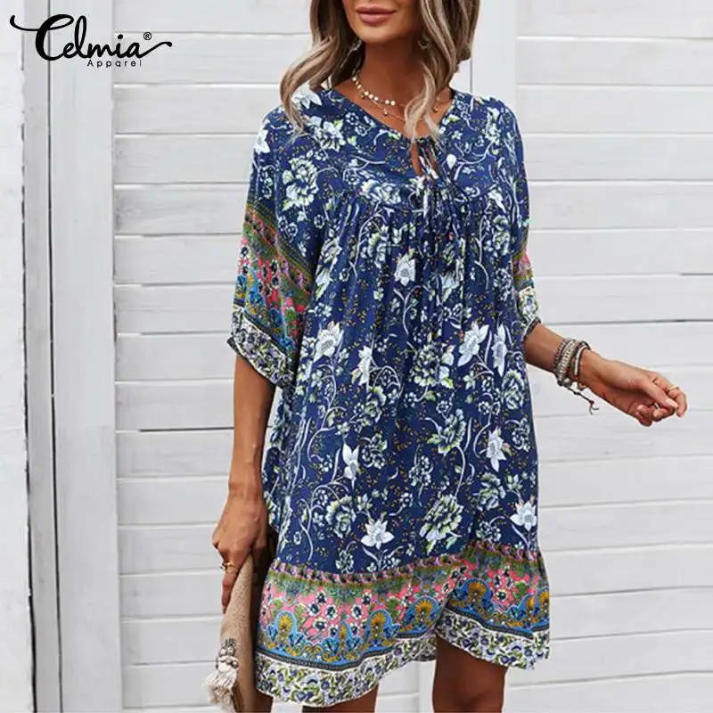 

Celmia Bohemian Women Mini Dress 2022 Summer Floral Printed Half Sleeve Lace Up O Neck Party Vestidos Casual A-line Short Dress