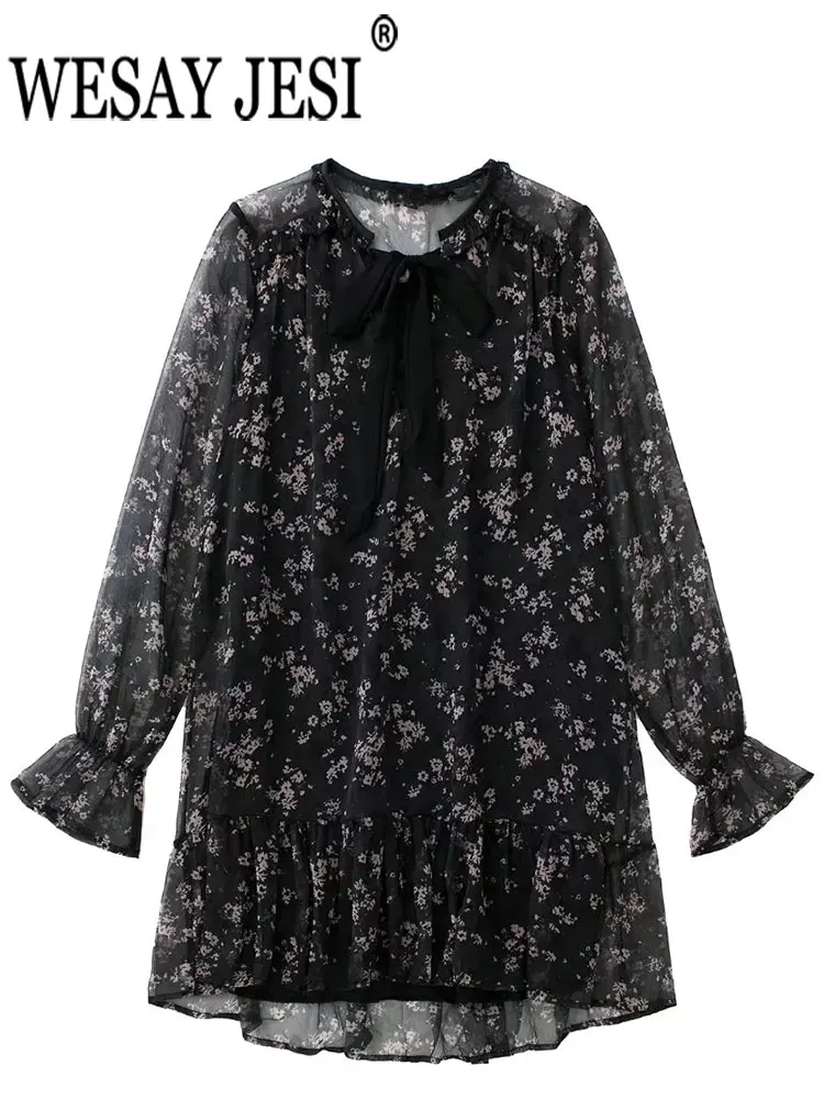 

WESAY JESI Long Sleeve Chiffon Mini Dress Floral Black Lace Up Bow Ruffle Flared Cuffs Top Loose Party Elegant Fashion Ladies