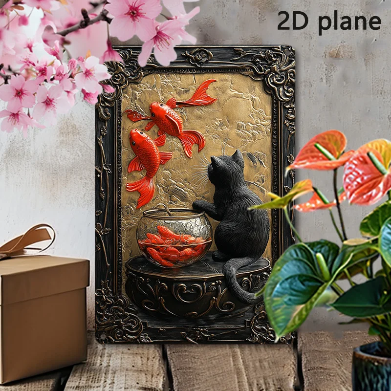 Декор комнаты 1 шт. Черный кот и пруд кои 3D алюминиевый настенный рисунок
