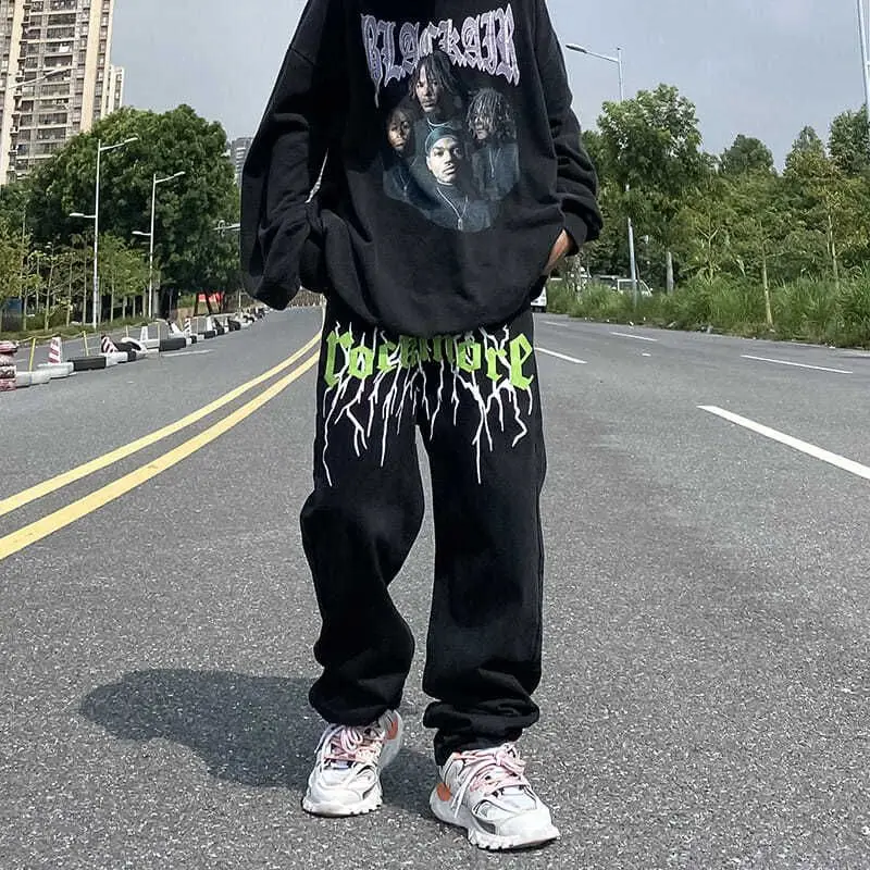 

Black jeans men lightning printed straight jeans 2021 autumn winter new American high street vintage casual loose wide-leg pants