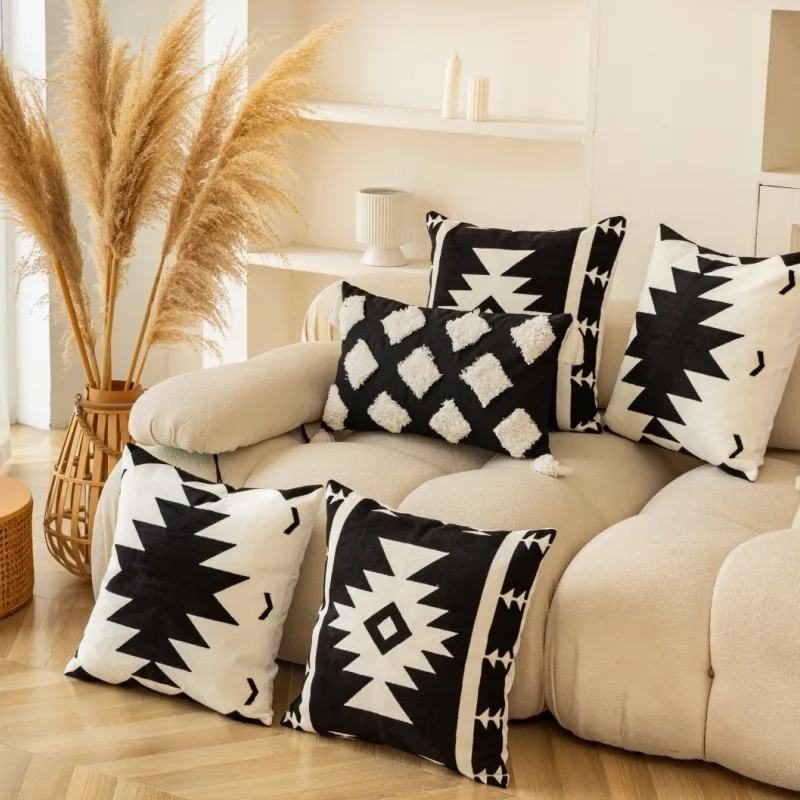 

New Style Black and White Embroidered Cushion Cover Geometric Embroidered Pillowcase Cover Home Decoration Sofa Pillow Cases