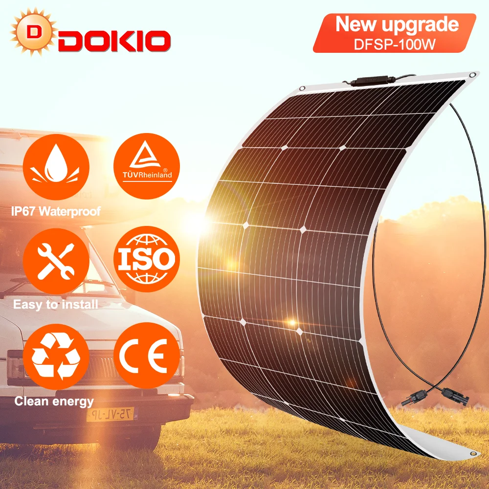 Dokio 18V 100W New Flexible Solar Panel China Waterproof Solar Panel 12V Charger Solar Battery Pack For Home/Car/Camping/Boat