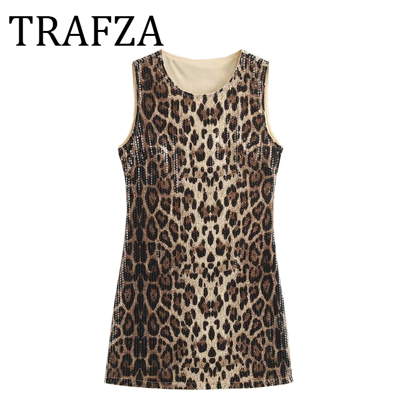 TRAFZA короткое платье с леопардовым узором женское 2024 модное украшение блестками
