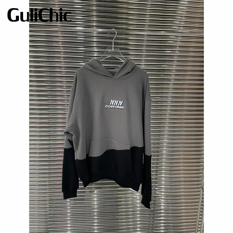 

11.16 GuliChic Women Vintage Casual Loose Patchwork Contrast Color Letter Print Kangaroo Pocket Hooded Hoodie