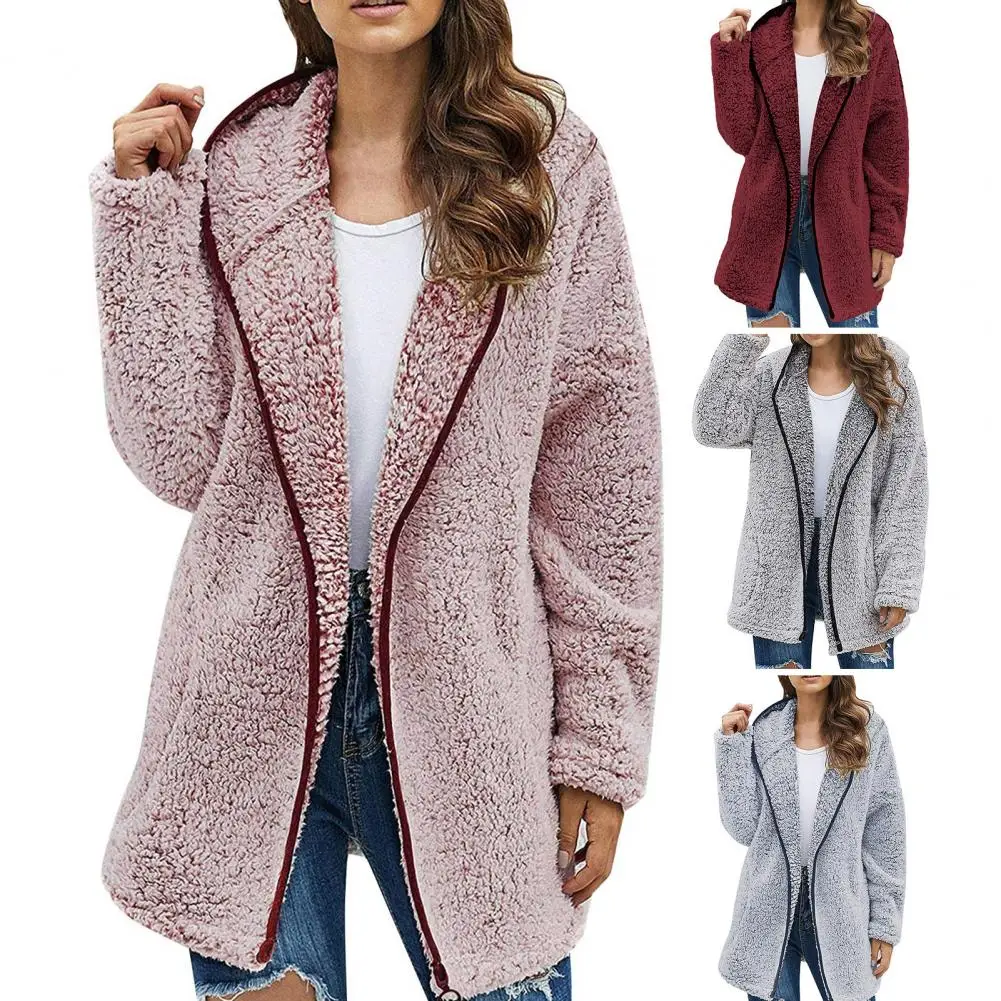 

Women Winter Fur Coat Zipper Placket Long Sleeves Hooded Plush Solid Color Warm Thick Cardigan Thermal Hoodie Jacket for Outdoor