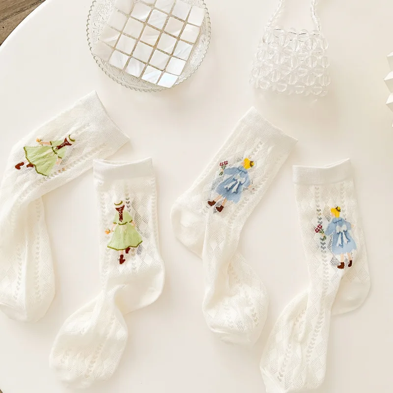 

Suzinaimin Socks Children's Japanese Cute White Mesh Thin Cotton Socks Korean Edition Ins Trendy Hollow Mid tube Socks