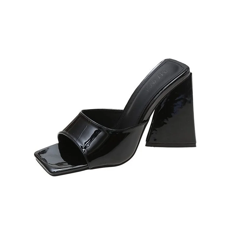 

2022 New Arrival Summer patent leather Triangle Square Heels heel Slippers Sexy Street Woman Party Square toe Dress Slides shoes