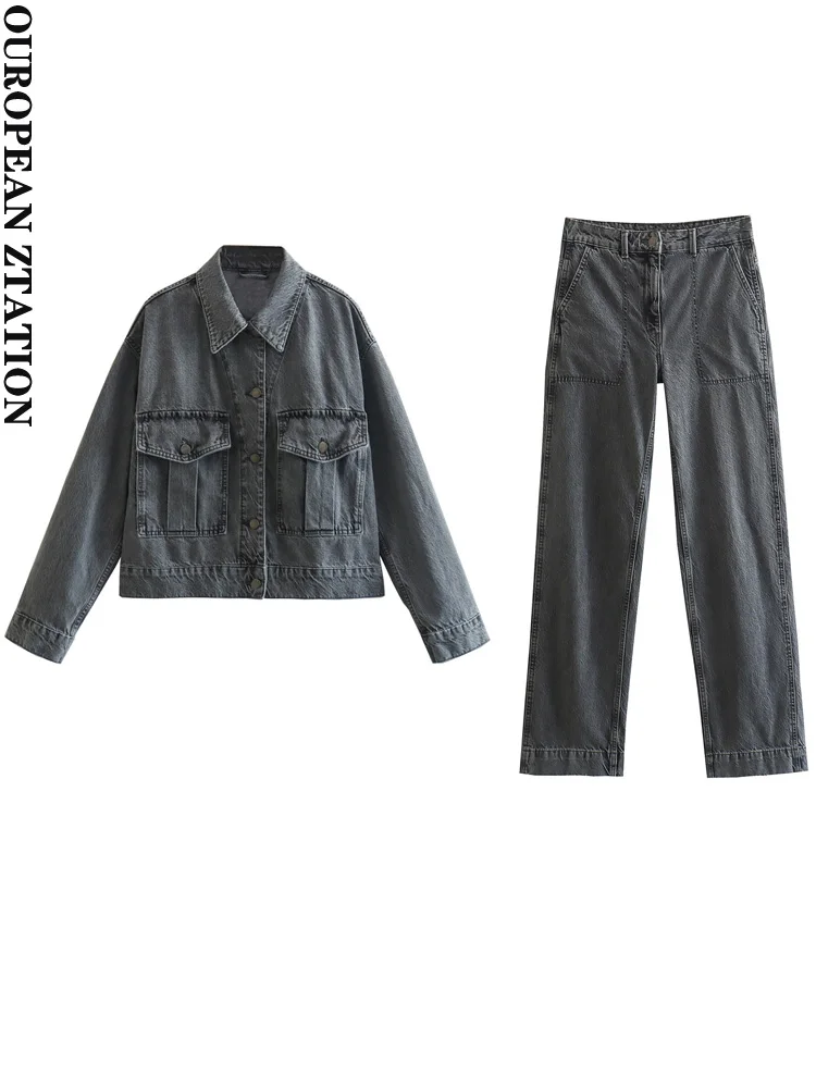 

PAILETE Women 2022 fashion patch pockets short denim jacket or mid-rise worker jeans female two pieces sets mujer