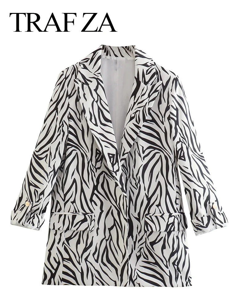 

TRAF ZA Premium Zebra Print Fashion Long Sleeve Lady Blazer Versatile Hidden Button Fit Commuter Daily Office Women's Blazer