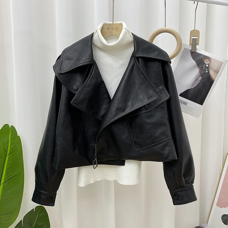 

Fitaylor, весенне-осенняя черная короткая куртка из искусственной кожи, Женская куртка с длинным рукавом и большими карманами, Байкерская ветро...
