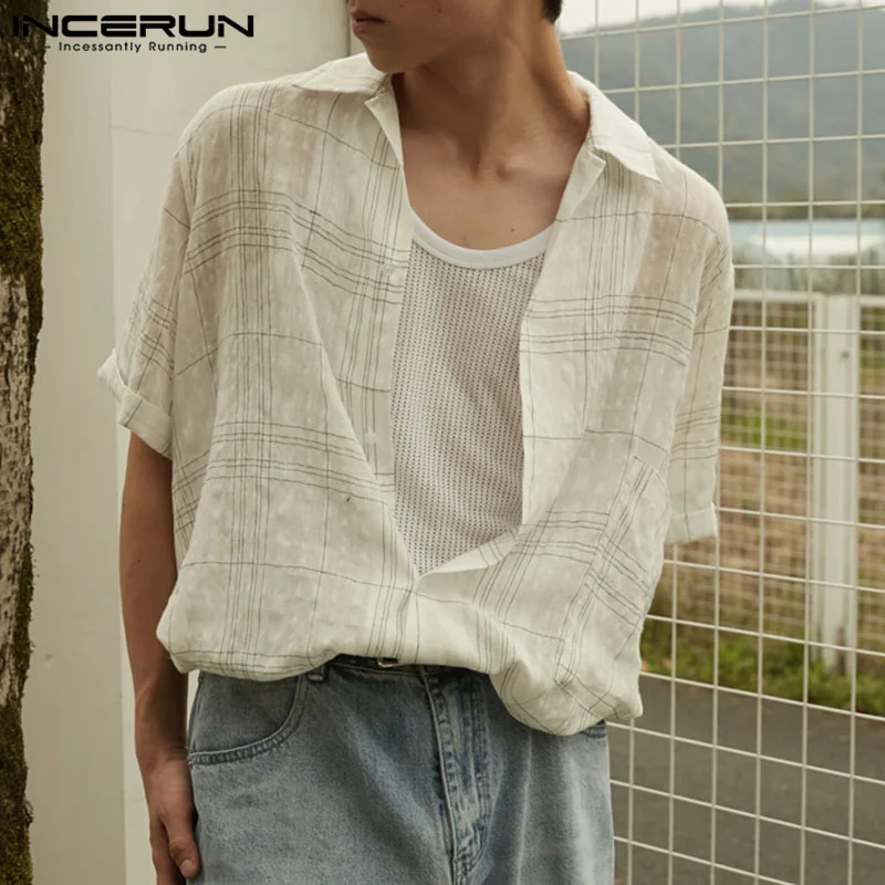 

INCERUN Tops 2023 Korean Style Men's Hot Sale Plaid Thin Linen Blouse Fashion Casual All-match Short Sleeved Lapel Shirts S-5XL