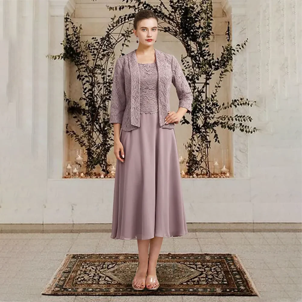 

Weilinsha Mother Of The Bride Dress Elegant Tea Length Wedding Guest Gown With Lace Jacket Jewel Neckline Evening Party Dress