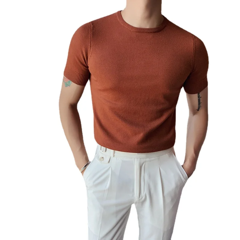 

2022 Summer Boutique Fashion Round Neck Men's Knitted Casual Short-sleeved T-shirt Pure Color High-end Social Men's Slim T-shirt