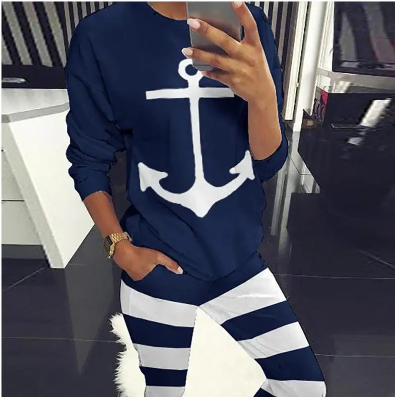 New Anchor Print Women Running Set Autumn Long Sleeve Hoodie+striped Pants Tracksuit Workout Clothes Sportswear Sports Suit BLUE