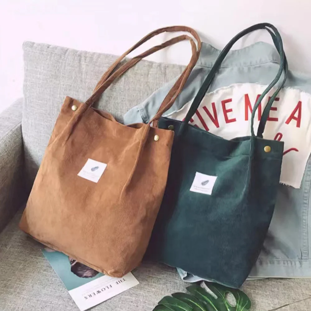 

Women Corduroy Shopping Bag Foldable High Quality Eco Friendly Reusable Grocery Tote Handbag Lightweight Shoulder Bags Makeup