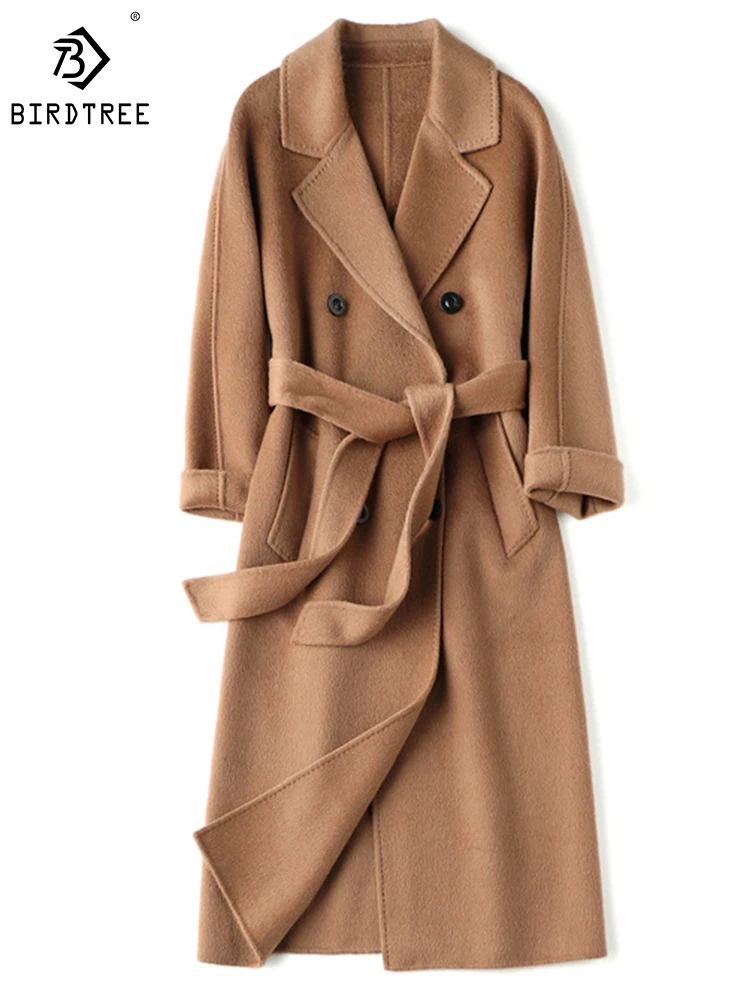 

Birdtree 80% Sheep Wool 10% Camel Down Double Tweed Coat Classic Lapel Solid Color Temperament Loose Overcoat Women C30354QD