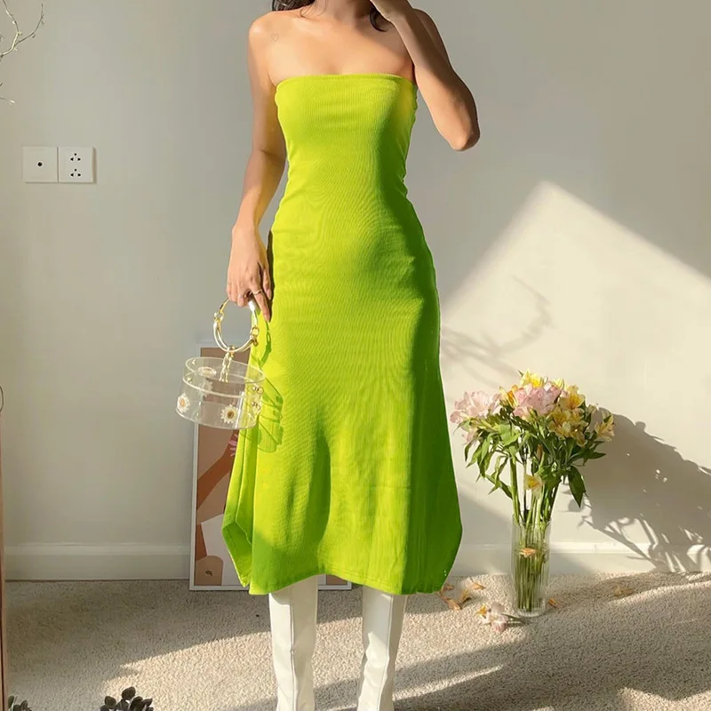 

Summer 2022 Solid Color Pullover Sleeveless Tube Top High Waist Bag Hip Simple Casual Maxi Dress Women Office Ladies