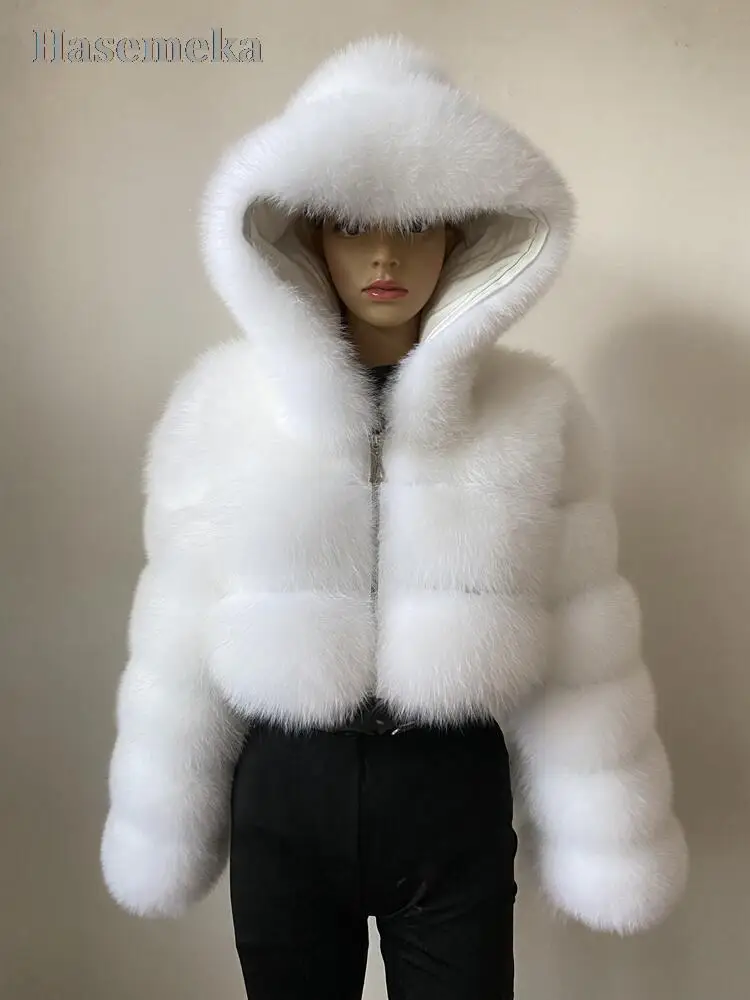 Ladies Luxury Real Fur Bare Midriff Short Coat Detachable Hood Winter Warm Fur Outwear Women Real Fox Fur Natural Raccoon Jacket