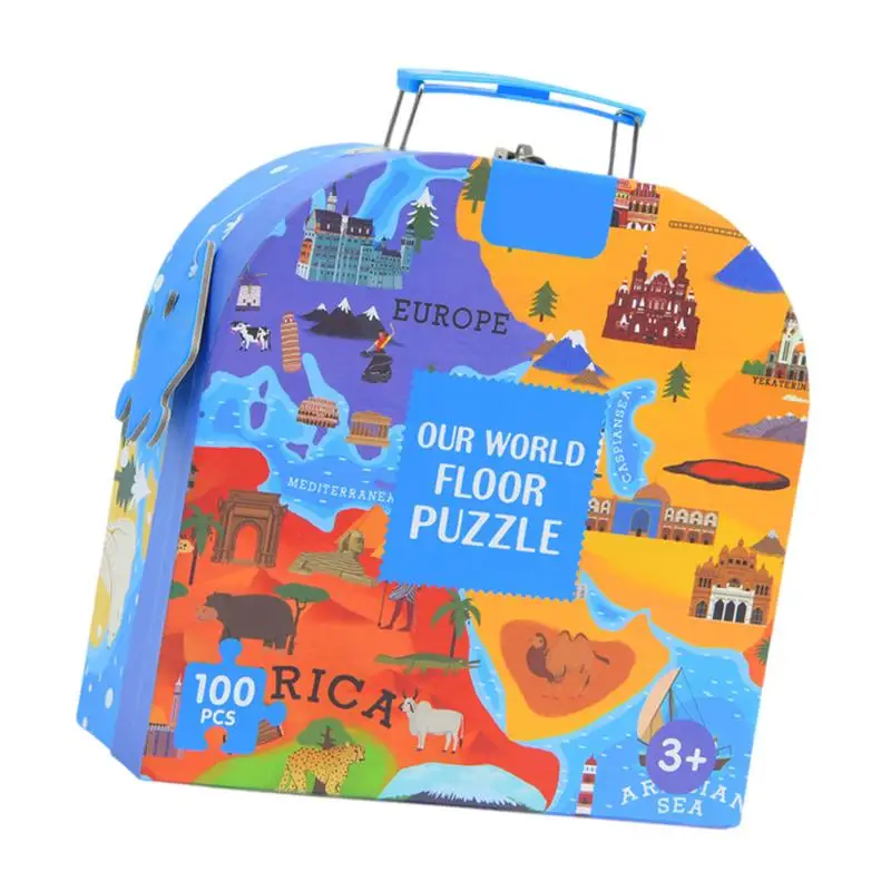 

100PCS/Set World Map Jigsaw Puzzle Kids Educational Toys Culture Geography Recognition Toy With Travel Buckle Suitcase