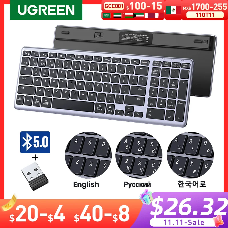 UGREEN Keyboard Wireless Bluetooth 5.0 2.4G Russian/Korean/EN