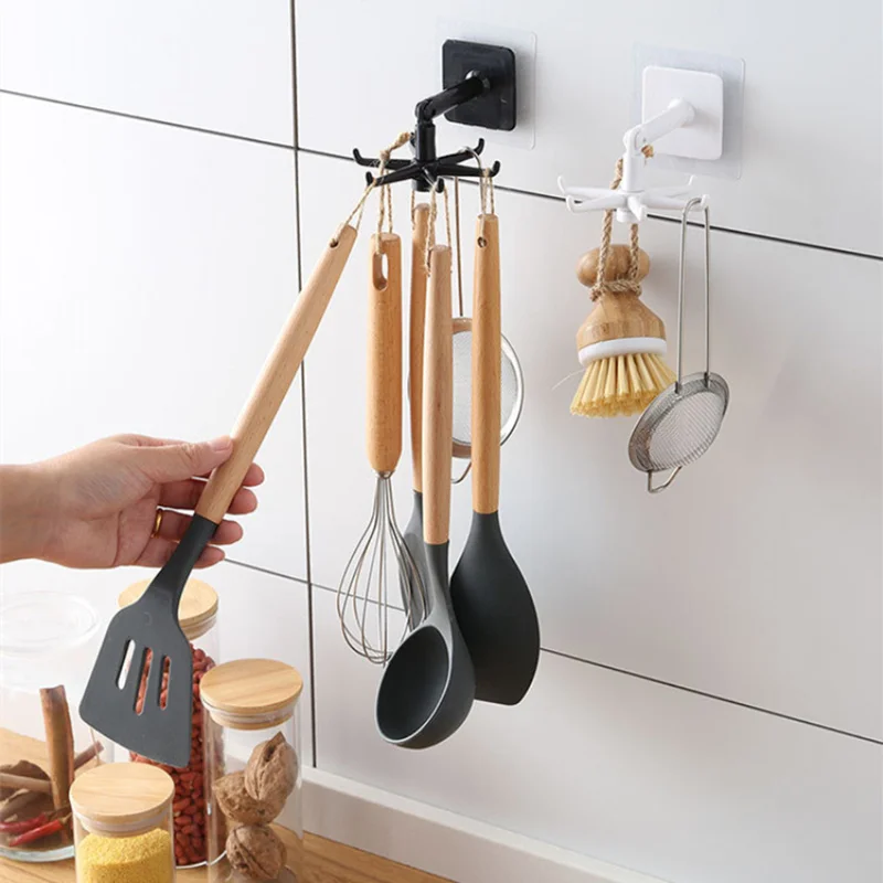 

Self Adhesive 360 Degrees Rotated Kitchen Hooks Home Wall Door Hook Handbag Clothes Ties Bag Hanger Hanging Storage Rack 6 hooks