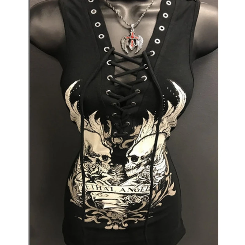 

Black Skull Tank Tops Women Summer Fashion Lace Up V-neck Sexy Streetwear Tops for Women Lugentolo