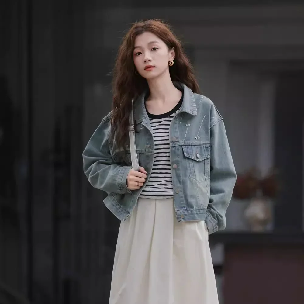 Винтажная джинсовая короткая куртка в американском стиле женская осенняя