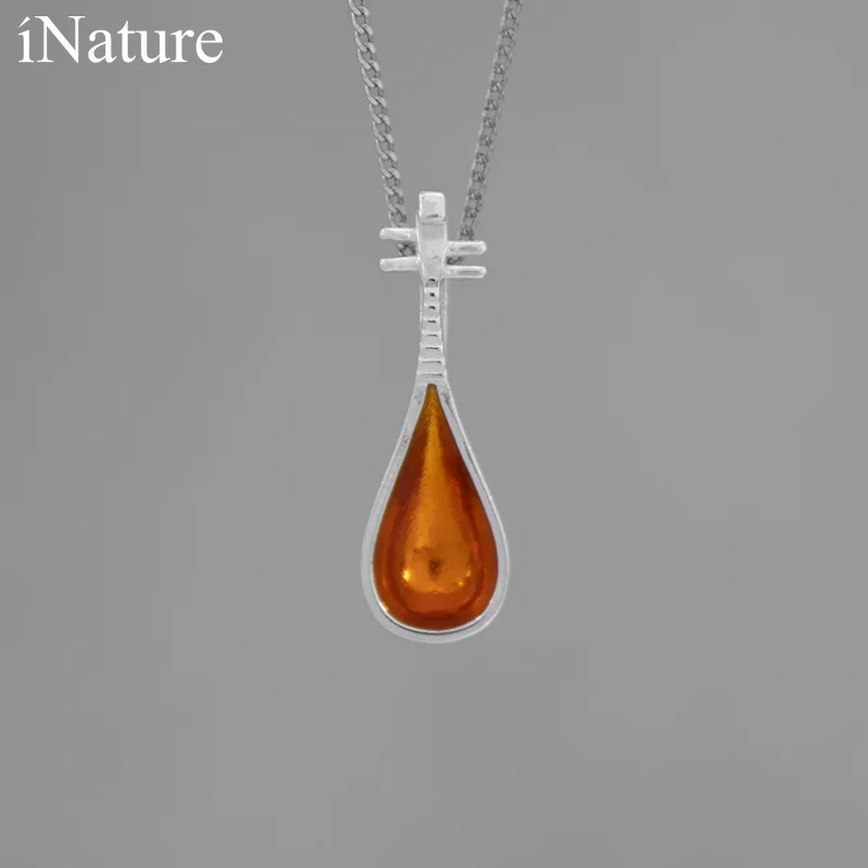 

INATURE 925 Sterling Silver Orange Enamel Musical Instrument Lute Pendant Necklace For Women Jewelry Accessories