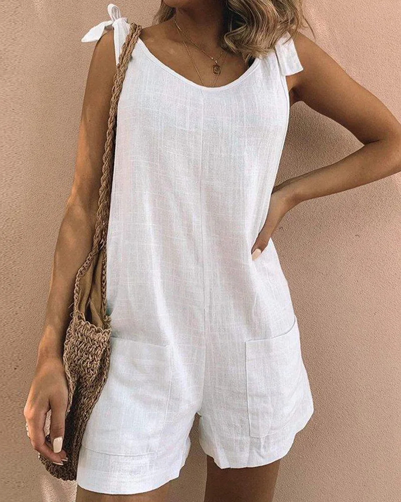 

Round Neck Tied Detail Pocket Design Romper Women Sleeveless High Waist Solid Color Playsuits Shorts Pants Summer
