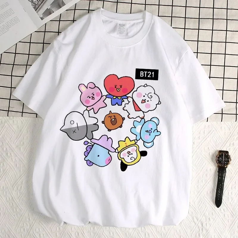 Фото Футболки с принтом BT21 в стиле аниме, милые повседневные удобные футболки с принтом, черные и белые топы, унисекс, подарки ﻿ №4