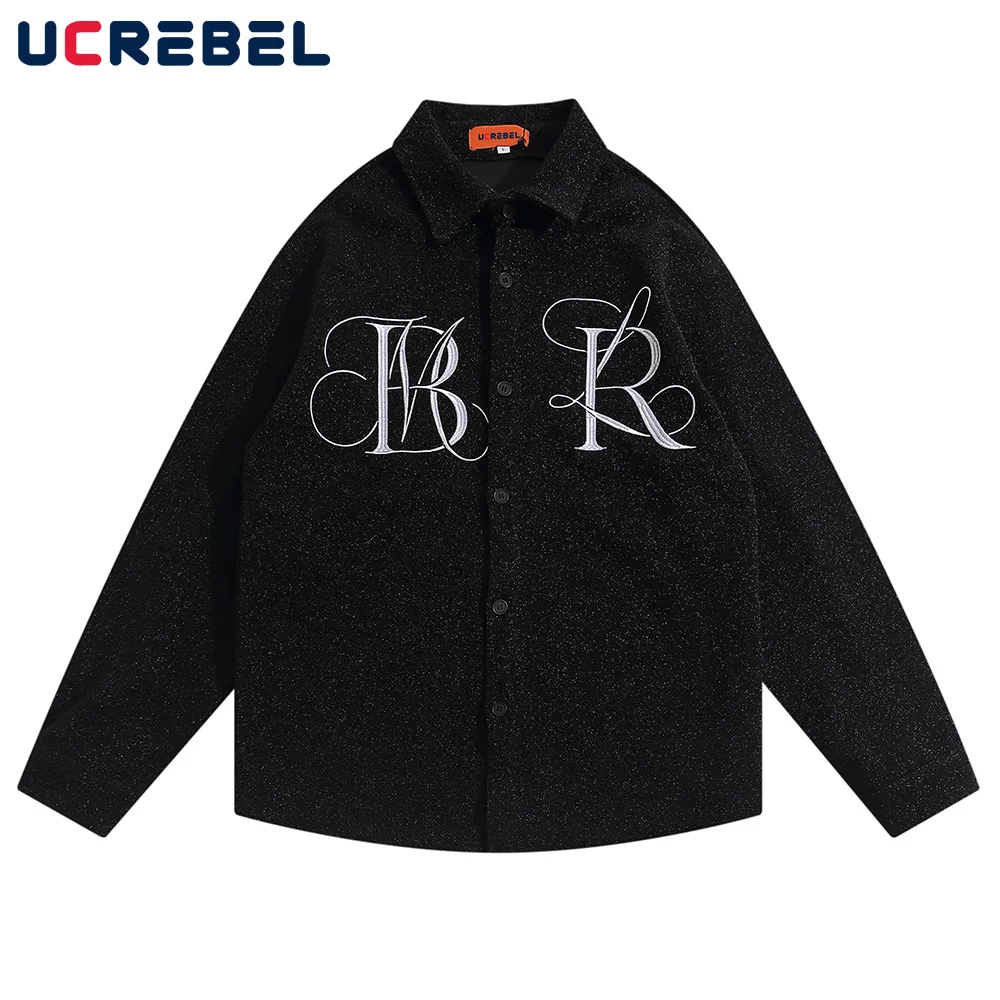 

Letter Embroidery Long Sleeved Shirt Mens High Street Lapel Shirts Autumn Streetwear Casual Outerwear Men