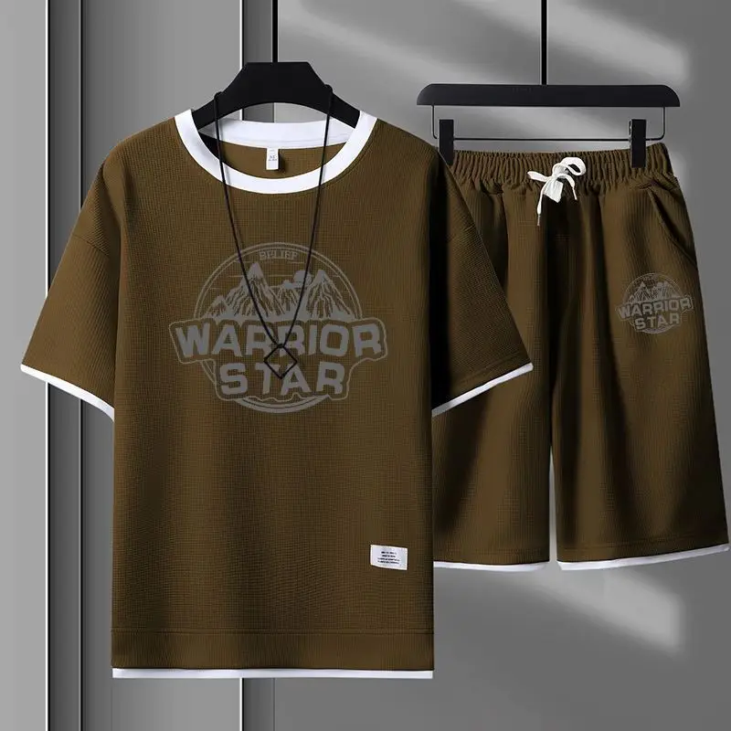 Summer New T-shirt Men's Short Sleeve Waffle Korean Style Loose Youth Handsome Shorts Casual Two-Piece Suit Fashion