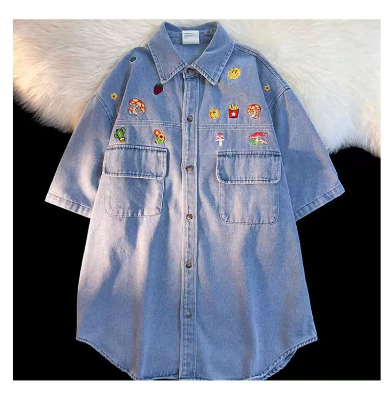 

Винтажная джинсовая рубашка с вышивкой в виде мультяшных грибов, женские топы, повседневные рубашки с коротким рукавом, мужские летние рубашки в Корейском стиле, роскошные