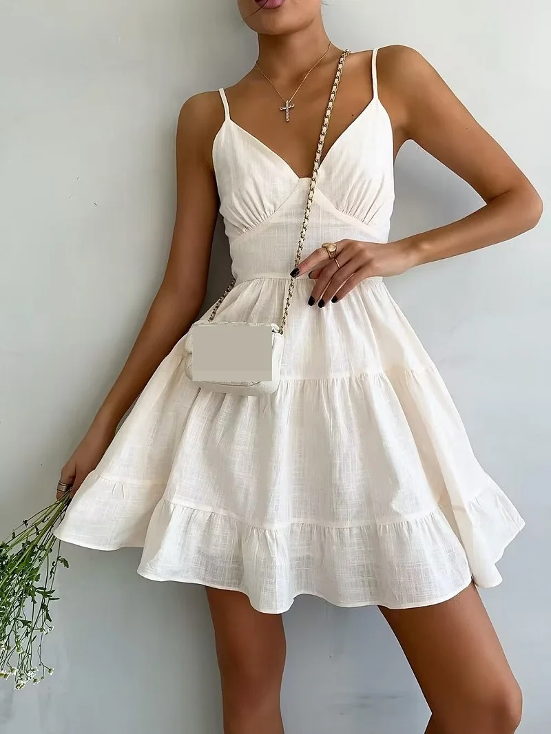 

Cotton linen summer sundress 2023 Sexy backless sleeveless spaghetti strap ladies high waist sexy v-neck swing mini dress