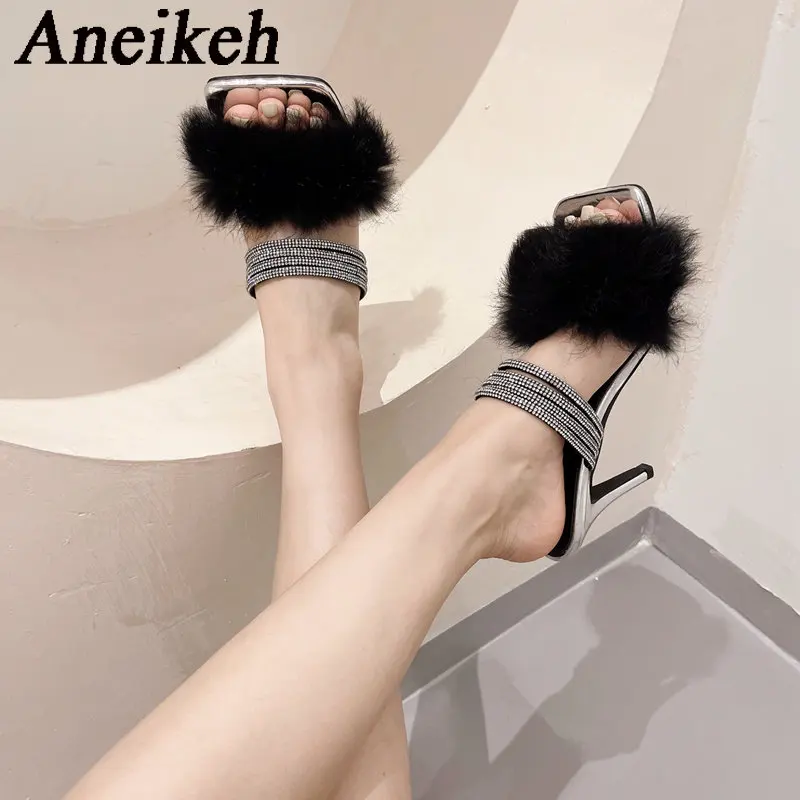 

Женские сандалии Aneikeh из искусственной кожи с перьями, на высоком каблуке, с квадратным носком, с открытым носком и кристаллами, тонкие туфли на высоком каблуке, модель 35-40, 2024
