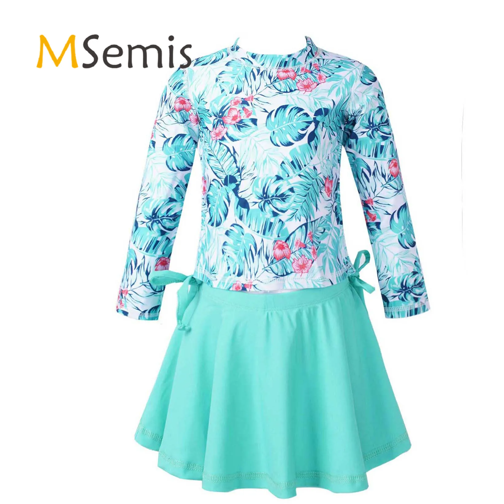 Kids Girls Two Pieces Swimming Bathing Suit Long Sleeve Swimsuit Swimwear Flower Printed Tops with Skirt Style Shorts