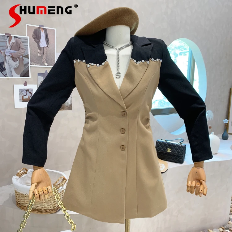 

Korean Style Stitching Contrast Color Long Sleeve Short Suit Dress 2022 Spring New Women's Elegant Mini Dresses Office Ladies