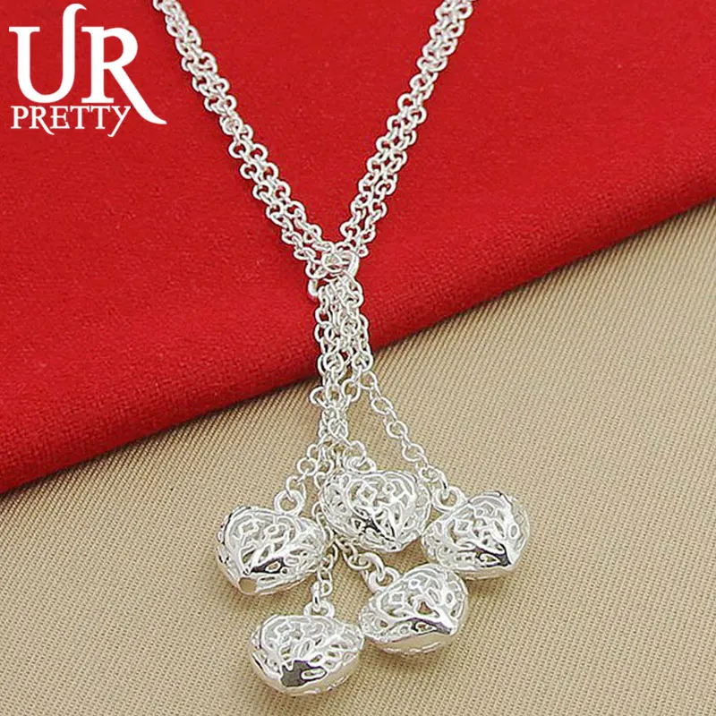 

UPRETTY New 925 Sterling Silver Five Heart Necklace 18 Inch Chain For Woman Party Wedding Engagement Charm Jewelry Gift