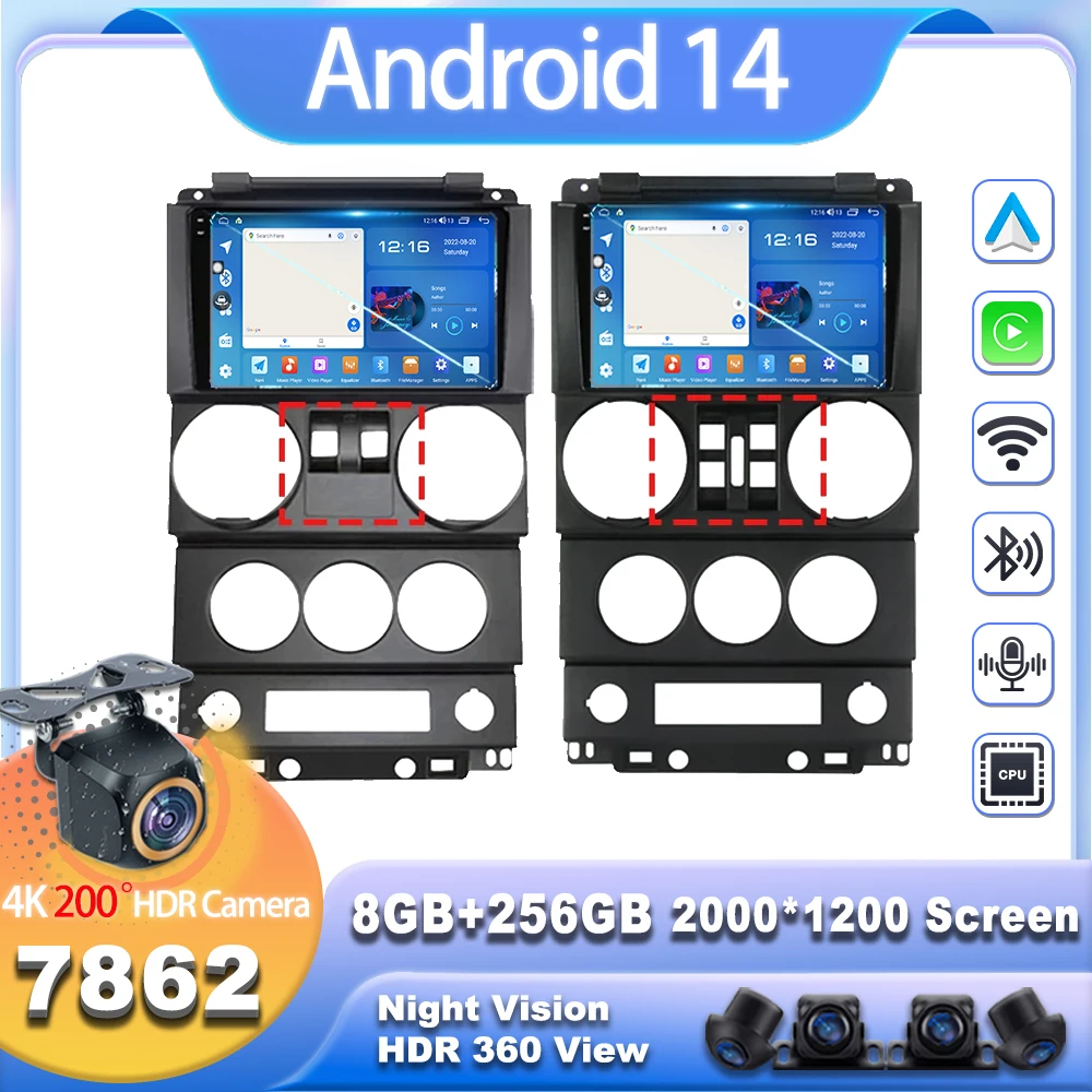 Автомобильный радиоприемник Android 14 для Jeep Wrangler Unlimited 3 JK 2008-2010 Мультимедийный
