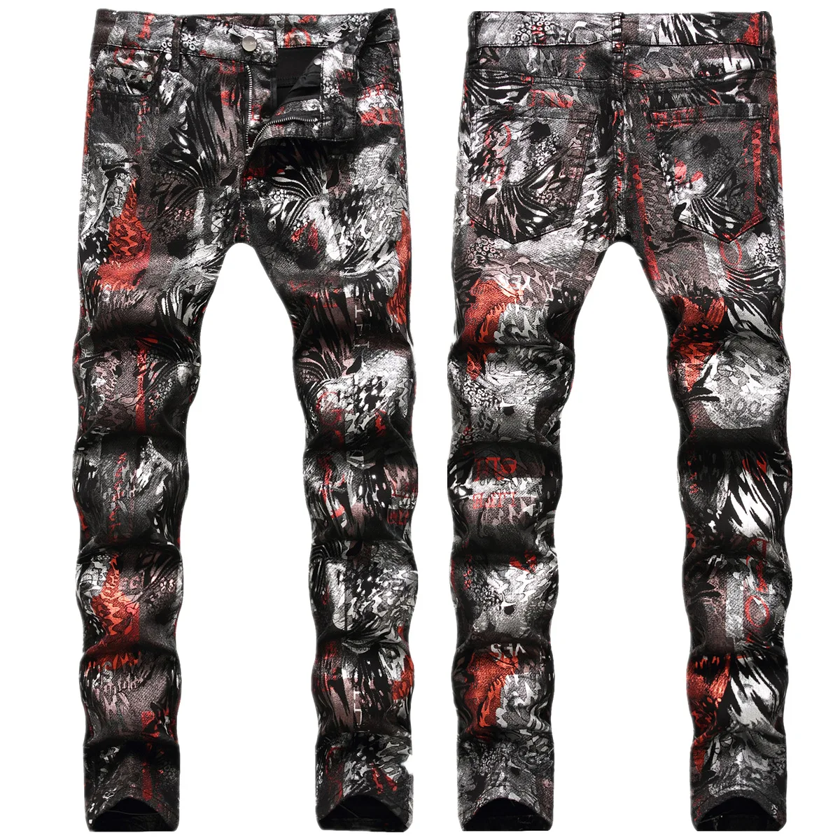 's Black Jeans Small Feet Pu Slim Fit Print Casual Jeans  Pu