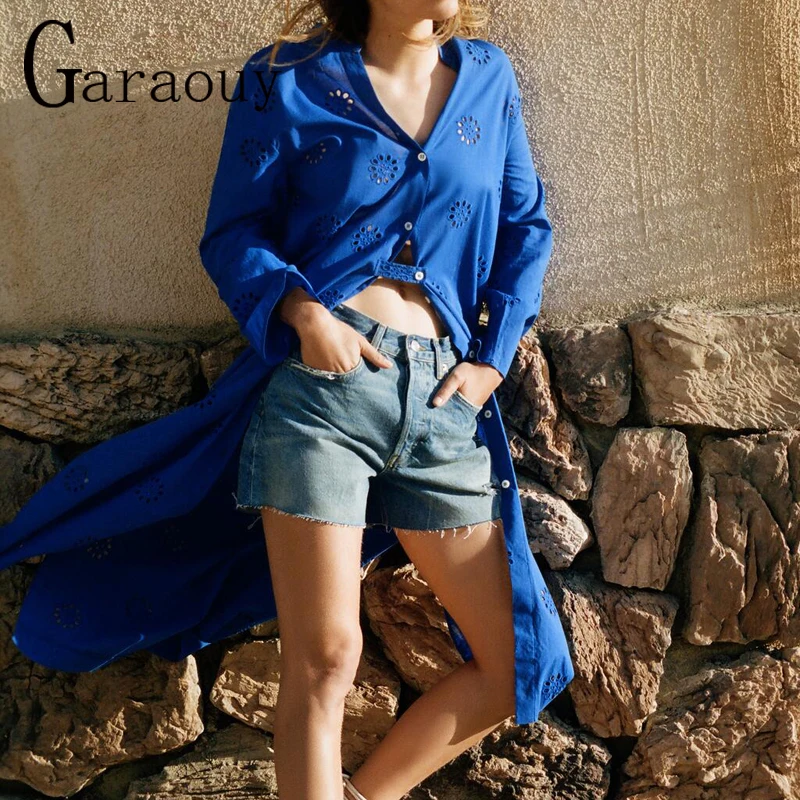 

Garaouy 2022 Summer New High Quality Oversized Elegant Women Sundress Embroidery Solid Long Shirt Dress OL Vestidos Robe Femme