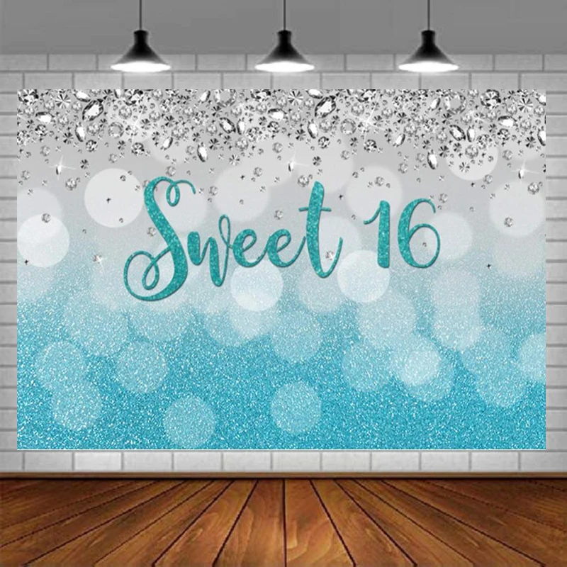 

Photography Backdrop For Girl Blue Sixteen 16th Birthday Party Decor Turquoise Glitter Bokeh Spot Silver Diamond Background