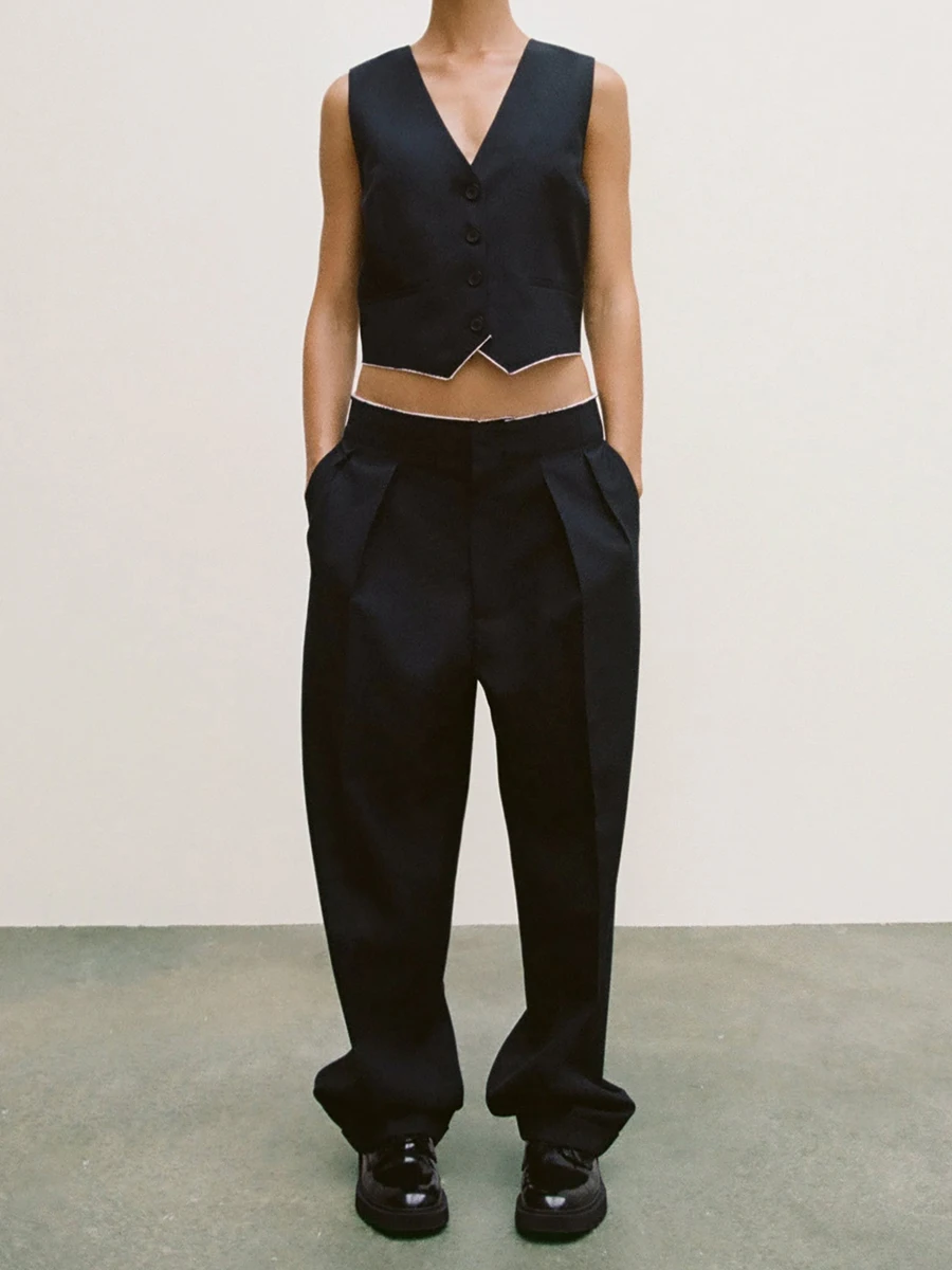 

Elegant Autumn Women's Sets V Neck Sleeveless Cropped Vests High Waist Long Pants Outfit Streetwear Casual Female Suits 2023 New