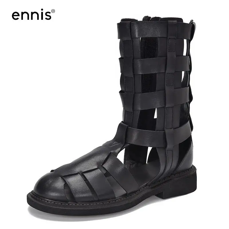 

ENNIS Gladiator Sandals Women Genuine Leather Shoes Summer Boots Zip Hollow Uut Shoes Flat Low Heel Sandals Brand Designer E279